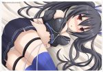  1girl artist_name bdsm bed black_hair blush bondage breasts choujigen_game_neptune cleavage femsub hair_ornament kazenokaze long_hair noire open_mouth red_eyes solo thighhighs tied_up twintails 