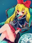  1girl bare_legs blonde_hair chair dokidoki!_precure eating electric_fan kd_mike long_hair mouth_hold popsicle precure red_eyes red_ribbon regina_(dokidoki!_precure) ribbon sitting solo 
