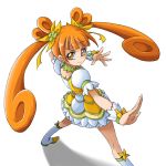  1girl cure_rosetta dokidoki!_precure fighting_stance from_above long_hair orange_eyes orange_hair outstretched_arm outstretched_hand precure shadow simple_background solo standing twintails uraki white_background yotsuba_alice 