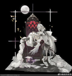  2girls absurdres apron asymmetrical_legwear black_background black_dress bug butterfly copyright_notice crown cui_pi_zha_xia_qiu detached_sleeves dress erma_(girls'_frontline) feathered_wings fur-trimmed_dress fur_trim girls_frontline high_heels highres maid maid_apron maid_headdress mini_crown moon multiple_girls orange_eyes paperwork sleeping thigh-highs throne weibo_logo weibo_username white_hair white_sleeves window wings 