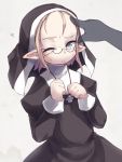  1girl crab_man dress forehead forehead_poke glasses habit jewelry necklace nun pointy_ears solo_focus squiggle sweat tagme wavy_mouth wink 