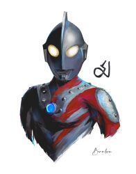  1boy alien character_name color_timer colored_skin dorsal_fin highres looking_at_viewer multicolored_skin obakelope0530 red_skin signature silver_skin solo tokusatsu ultra_series ultra_sign ultraman_(1st_series) upper_body white_background zoffy_(ultra_series) 