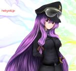  1girl arms_behind_back blush breasts crescent goggles goggles_on_head hachachi hair_ribbon hat large_breasts long_hair long_sleeves looking_at_viewer military military_uniform necktie patchouli_knowledge purple_hair ribbon sheath sheathed solo strap_cleavage sword touhou uniform violet_eyes weapon 