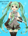  1girl character_name detached_sleeves green_eyes green_hair hatsune_miku head_tilt highres long_hair necktie open_mouth skirt solo spring_onion thighhighs twintails very_long_hair vocaloid yuragiyura 