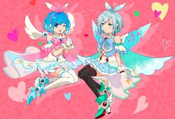  2girls bare_shoulders black_thighhighs blue_eyes blue_footwear blue_hair blue_skirt blue_vest boots cairngorm999 energy_wings green_footwear hair_ribbon heart high_heel_boots high_heels highres mega_man_(series) mega_man_x_(series) mega_man_x_dive multiple_girls official_alternate_costume one_eye_closed pink_background pink_vest ribbon rico_(mega_man) shirt short_hair simple_background skirt thigh-highs vest white_shirt white_skirt white_thighhighs 