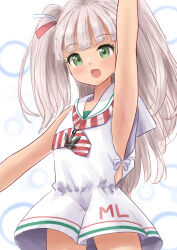  1girl anchor_necklace arm_up armpits clothes_writing cowboy_shot dress green_eyes grey_hair jewelry kantai_collection kitagawa_mikio long_hair looking_at_viewer low-cut_armhole maestrale_(kancolle) neckerchief necklace one-hour_drawing_challenge one_side_up ribbon side-tie_dress sleeveless sleeveless_dress smile solo striped_neckerchief tan white_background white_ribbon 