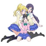  3girls \m/ ayase_eli between_breasts black_hair black_legwear blonde_hair blue_eyes blush breasts green_eyes hair_ribbon head_between_breasts kneehighs kneeling long_hair looking_at_viewer love_live!_school_idol_project multiple_girls open_mouth pleated_skirt ponytail purple_hair red_eyes ribbon sanadafelix school_uniform shoes sitting skirt smile sweater_vest thighhighs toujou_nozomi twintails vest yazawa_nico yokozuwari 