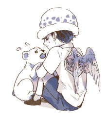  1boy aged_down angel_wings bear bepo commentary_request crying cub flying_sweatdrops hat male_focus monochrome one_piece rami_rz sad shoes short_hair short_sleeves shorts sitting socks trafalgar_law wings 