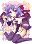  1girl alternate_costume argyle argyle_background bare_shoulders bat_wings bekotarou black_legwear blue_hair blush chain chained garter_straps gauntlets hat highres looking_at_viewer midriff remilia_scarlet reverse_trap shackle sitting solo star thigh-highs touhou violet_eyes wariza wings 