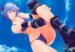  1girl ;o ayanami_rei bikini blue_bikini blue_hair blue_skin dutch_angle elbow_pads fingerless_gloves fuyuno_haruaki gloves hair_ornament highres inline_skates knee_pads leg_lift navel neon_genesis_evangelion rebuild_of_evangelion red_eyes roller_skates scan short_hair skates sky solo swimsuit wink 