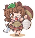 1girl animal_ears brown_eyes brown_hair chibi futatsuiwa_mamizou glasses gourd leaf leaf_on_head lowres notebook onmitsu_doushin_a open_mouth pince-nez raccoon_ears raccoon_tail sandals smile tail touhou waving wink 