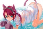  1girl all_fours animal_ears aqua_eyes bikini cat_ears cat_paws cat_tail fuyuno_haruaki hairband highres makinami_mari_illustrious neon_genesis_evangelion no_pants panties paws rebuild_of_evangelion redhead scan see-through see-through_silhouette solo swimsuit tail tongue tongue_out twintails underwear water wet wet_clothes white_panties 