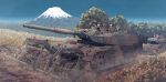  4boys earasensha field japan_ground_self-defense_force military military_vehicle mine_roller mount_fuji multiple_boys original tank tree type_10_(tank) vehicle 