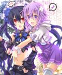 2girls black_hair choujigen_game_neptune d-pad hair_ornament hexagon hinano long_hair multiple_girls musical_note navel neptune_(choujigen_game_neptune) noire open_mouth purple_hair red_eyes short_hair smile speech_bubble thigh-highs twintails violet_eyes 