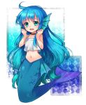  1girl blue_hair choker green_eyes head_fins long_hair madou_monogatari mermaid midriff monster_girl navel noma_(kifyz23) puyopuyo seriri solo tears very_long_hair 