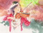  1girl black_hair bronco closed_eyes instrument original solo traditional_media violin watercolor_(medium) 
