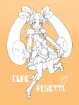  1girl :d character_name cure_rosetta dokidoki!_precure ichihara2929 monochrome open_mouth orange_background outstretched_hand precure simple_background smile solo twintails yotsuba_alice 