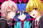  3boys ahoge blonde_hair blue_eyes blue_hair cardfight!!_vanguard crossover free! hazuki_nagisa highres lapisflow male mikado_nagi multiple_boys necktie pink_hair scarf season_connection seiyuu_connection sendou_aichi short_hair smile uta_no_prince-sama violet_eyes 