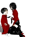  1boy 1girl belt black_eyes black_hair black_legwear boots high_heels highres levi_(shingeki_no_kyojin) looking_at_another mikasa_ackerman necktie necktie_pull shingeki_no_kyojin shoes short_hair sitting sitting_on_lap sitting_on_person sorachiru3987 thigh-highs white_background 