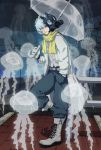  1boy boots clear_(dramatical_murder) dramatical_murder gas_mask gloves jellyfish labcoat male mask mask_removed neowls scarf smile umbrella white_hair 