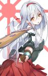  1girl archery blush bow_(weapon) headband highres japanese_clothes kantai_collection kyuudou long_hair looking_at_viewer looking_back muneate open_mouth personification rising_sun shoukaku_(kantai_collection) silver_hair single_glove skirt solo weapon yellow_eyes yugake yukixi 