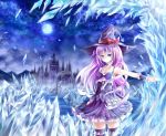  1girl arch blue_eyes bow building full_moon hat highres ice long_hair magic moon night nikkunemu original outstretched_arm purple_hair skirt skirt_set snowflakes solo thigh-highs witch_hat wrist_cuffs zettai_ryouiki 