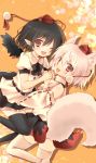  2girls animal_ears black_hair black_legwear black_wings detached_sleeves flower geta hat holding_hands inubashiri_momiji multiple_girls open_mouth red_eyes shameimaru_aya short_hair silver_hair smile tail thigh-highs tokin_hat touhou white_legwear wings wolf_ears wolf_tail yumemomosaka 