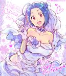  1girl :d ahoge artist_name blue_hair bow breasts bridal_veil character_name cleavage copyright_name dress flower gloves happy_birthday heart idolmaster large_breasts miura_azusa open_mouth red_eyes redrop short_hair smile solo veil watermark web_address wedding_dress 