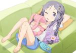  1girl barefoot braid couch drooling kingin long_hair lying on_back pillow purple_hair shorts solo twin_braids vest violet_eyes 