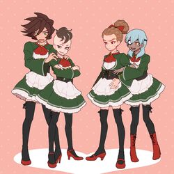  4boys bad_id black_legwear boots bow brown_hair crossdressinging dark_skin dress eyepatch fudou_akio genda_koujirou grin hair_bow hairlocs high_heels inazuma_eleven inazuma_eleven_(series) kidou_yuuto long_hair male mohawk multiple_boys sakuma_jirou shoes silver_hair smile sweat thigh-highs trap 