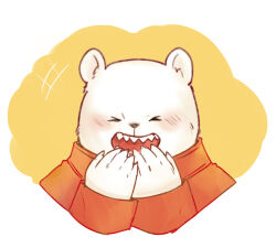  &gt;_&lt; 1boy bear bear_boy bepo blush claws coat commentary_request facing_viewer furry furry_male highres laughing male_focus one_piece open_mouth orange_coat polar_bear rami_rz sharp_teeth solo teeth 