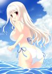  1girl :d ass bikini blonde_hair clouds from_behind hairband highres long_hair looking_back nora_(otome70121) open_mouth original red_eyes sky smile swimsuit water 