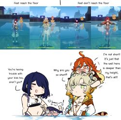  4girls absurdres aged_down ahoge alternate_costume alternate_hairstyle animal_ears arm_at_side bikini blonde_hair blue_hair cardigan chibi child english_text game_screenshot_inset genshin_impact green_eyes hand_on_own_hip hands_in_pockets highres kujou_sara long_hair long_sleeves mavuika_(genshin_impact) multicolored_hair multiple_girls orange_hair partially_submerged pocket purple_hair raiden_shogun red_eyes red_hair sesield short_hair smile standing swimsuit swimsuit_under_clothes tail tearing_up two-tone_hair water xilonen_(genshin_impact) 