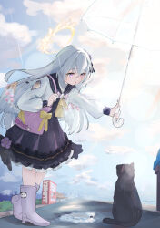  1girl absurdres angel_wings azusa_(blue_archive) bag black_cat blue_archive blue_ribbon blue_sky boots cat clouds commentary cropped_jacket dress feathered_wings flower frilled_dress frills hair_flower hair_ornament hair_ribbon halo handbag highres jacket kumakono leaning_forward long_hair looking_at_another outdoors pink_footwear purple_dress rain ribbon rubber_boots sky solo transparent transparent_umbrella umbrella vending_machine violet_eyes white_hair white_jacket white_wings wing_decorations wings 