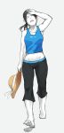  1girl barefoot breasts capri_pants closed_eyes hat holding holding_hat hot long_hair midriff nah ponytail solo spandex sun_hat sweat tank_top trainer_(wii_fit) walking white_skin wii_fit wiping_forehead 