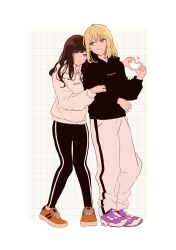  2girls absurdres bang_dream! bang_dream!_it's_mygo!!!!! black_hoodie black_pants blonde_hair border brown_hair closed_mouth color_coordination full_body heart heart_hands heart_hands_duo highres hood hood_down hoodie long_hair long_sleeves medium_hair misumi_uika multiple_girls orange_eyes orange_footwear pants protected_link purple_footwear standing sumimi_(bang_dream!) sumita_mana violet_eyes watanuki_(enu) white_border white_hoodie white_pants 