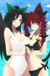  2girls animal_ears beach bikini black_hair black_wings bow braid breasts cat_ears cat_tail cleavage clouds hair_bow jont kaenbyou_rin long_hair multiple_girls one-piece_swimsuit open_mouth red_eyes redhead reiuji_utsuho ribbon short_hair sky smile swimsuit tail touhou twin_braids water white_swimsuit wings 