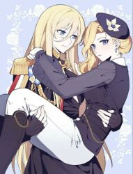 azur_lane bismarck_(azur_lane) blonde_hair hood_(azur_lane) long_hair multiple_girls princess_carry yuri