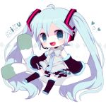  1girl ahoge aqua_eyes aqua_hair boots character_name chibi detached_sleeves haru431 hatsune_miku headset long_hair necktie open_mouth skirt sleeves_past_wrists solo spring_onion thigh_boots thighhighs twintails very_long_hair vocaloid white_background 