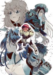  2girls 3boys adjusting_eyewear armor armored_boots artist_collaboration black_pants black_shirt boots breastplate british_(rance) cafe_artful cape chaos_(rance) closed_mouth commentary_request energy_ball eternal_heroes_(rance) fingerless_gloves frown glasses gloves half_mask hat hayasaka_mebawe highres ho_laga holding holding_sword holding_weapon japanese_clothes kimono legs_apart long_hair looking_at_viewer magic mask multiple_boys multiple_girls nikkou_(rance_series) open_mouth pants pauldrons rance_(series) red_eyes red_hair round_eyewear scar scar_on_face scar_on_forehead serious sf_going_on shirt short_hair shoulder_armor standing sword two-handed weapon 