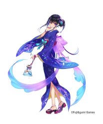  1girl blue_hair commentary_request fish flower forcas from_side full_body goldfish goldfish_scooping hair_behind_ear hair_between_eyes hair_bun hair_flower hair_ornament highres japanese_clothes kimono long_hair looking_at_viewer multicolored_hair nail_polish obi official_alternate_costume official_art phantom_of_the_kill purple_hair purple_kimono sandals sash second-party_source shibuhiko simple_background single_hair_bun solo standing summer_festival transparent_background two-tone_hair violet_eyes yukata 