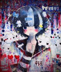  1girl blue_eyes blush bow commentary fork hair_bow hair_ornament hairclip heart highres holding holding_fork kaikanaaaaa original pale_skin rabbit sailor_collar scribble solo symbol-only_commentary 