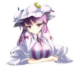  1girl breast_hold breasts bust capelet crescent dress hat highres hyasumasa long_hair patchouli_knowledge purple_hair solo touhou violet_eyes 