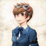  1girl blazer brown_eyes brown_hair crying goggles lowres open_mouth school_uniform shin_megami_tensei shin_megami_tensei:_if... shirt short_hair solo tamaki_uchida tears terako 