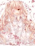  1girl bare_shoulders blonde_hair dress eyepatch flower frilled_dress frills hair_flower hair_ornament hand_to_own_mouth kasu_(return) kirakishou lolita_fashion long_hair long_sleeves looking_at_viewer open_mouth petals pink_rose rose rozen_maiden solo very_long_hair white_dress wide_sleeves yellow_eyes 