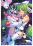  1girl artist_request bare_shoulders bell bell_collar belt blush collar crotch_plate elbow_gloves fin_(phantom_breaker) gloves green_eyes green_hair hair_ornament highres leotard long_hair official_art paw_gloves phantom_breaker plasma_pistol robot scan solo star star-shaped_pupils symbol-shaped_pupils tail thigh-highs twintails white_legwear 