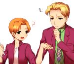  2boys ? blonde_hair blue_eyes crossover fang fate/zero fate_(series) formal jacket jakfldk2 jojo_no_kimyou_na_bouken kira_yoshikage multiple_boys necktie orange_hair purple_jacket scalpel suit uryuu_ryuunosuke 