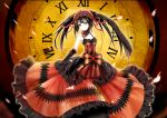  1girl bare_shoulders black_hair breasts cleavage clock clock_eyed date_a_live dress hairband heterochromia highres ice-light lolita_fashion lolita_hairband long_hair looking_at_viewer red_eyes ribbon roman_numerals smile solo tokisaki_kurumi twintails yellow_eyes 