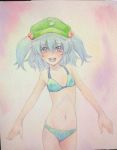  1girl :d bikini blue_bikini blue_eyes blue_hair blush collarbone eyelashes hair_bobbles hair_ornament highres kawashiro_nitori open_mouth simple_background smile solo swimsuit teeth touhou traditional_media twintails watercolor_(medium) yuyu_(00365676) 