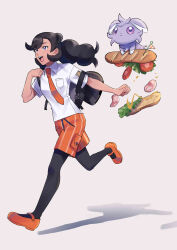  absurdres backpack bag black_hair breast_pocket collared_shirt emma_(pokemon) espurr floating food full_body highres levitation naranja_academy_school_uniform necktie open_mouth orange_footwear orange_necktie orange_shorts papurikagakusyu pocket pokemon pokemon_(creature) pokemon_sv pokemon_xy running sandwich school_uniform shirt shorts spilling striped_clothes striped_shorts 